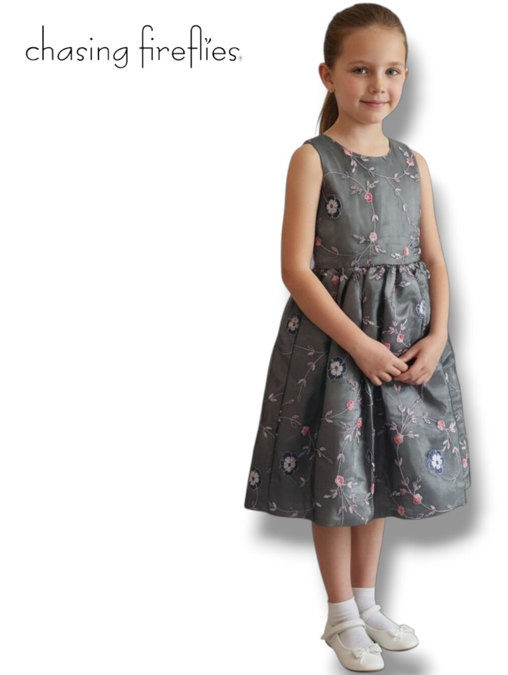 Chasing Fireflies Girls Gray Tulle Floral Embroidered Party Dress Size 10